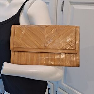 Eel Skin Genuine Elegant Tan Leather Clutch Vintage 1970's